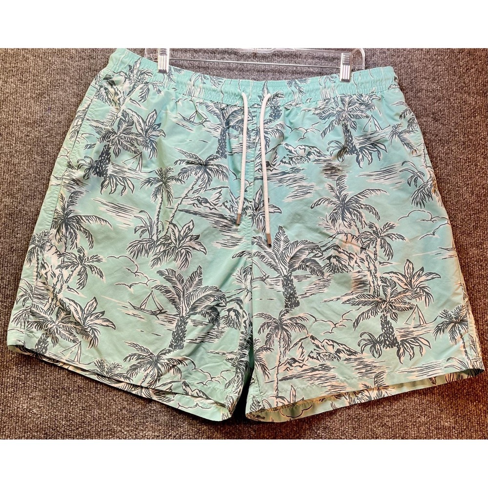 Brooks Brothers Swim Trunks Mens XL Blue Palm Tree Tropical Print Nylon Shorts